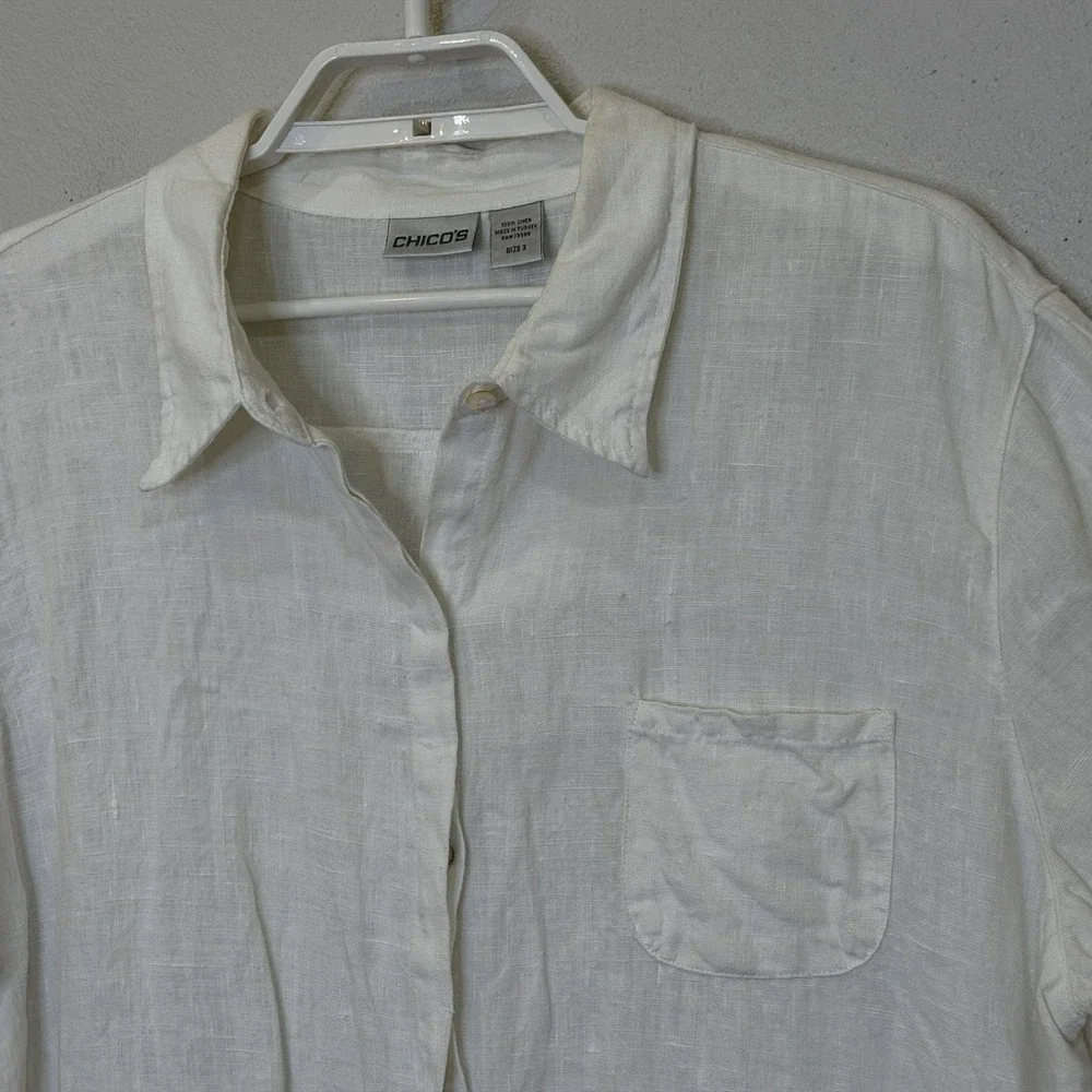 Chico's Button Front Top Womens Sz 3 USXL White 100% Linen Short Sleeve Collared